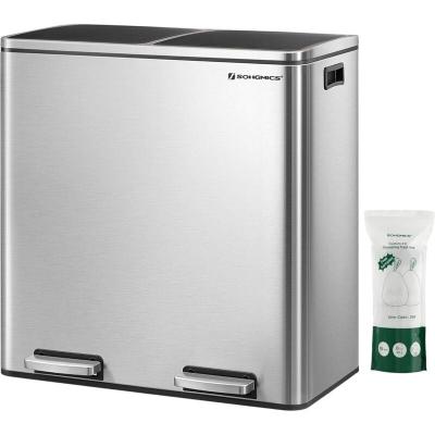 SONGMICS Poubelle &agrave; Double Compartiment 2 x 30L, avec 15 Sacs Poubelles, P&eacute;dales en M&eacute;tal, Argent