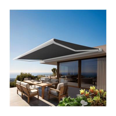 Store banne Coffre int&eacute;gral PROTECT 2 Blanc 5x3,5m Motoris&eacute; &agrave;&nbsp; t&eacute;l&eacute;commande - Toile Grise Anthracite 