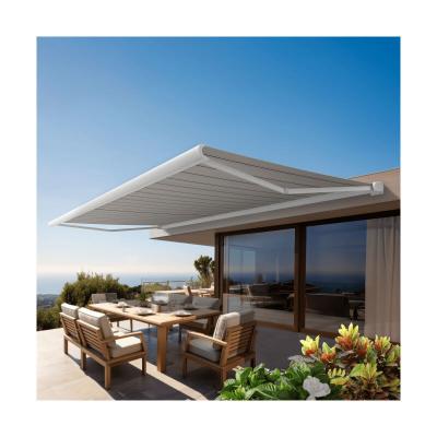 Store banne Coffre PROTECT 2 LED Blanc 5x3.5m Motoris&eacute; + LED - Toile Grise Ray&eacute;e