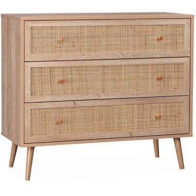 Commode en d&eacute;cor bois et cannage 90x39x79cm - Boh&egrave;me - 3 tiroirs 