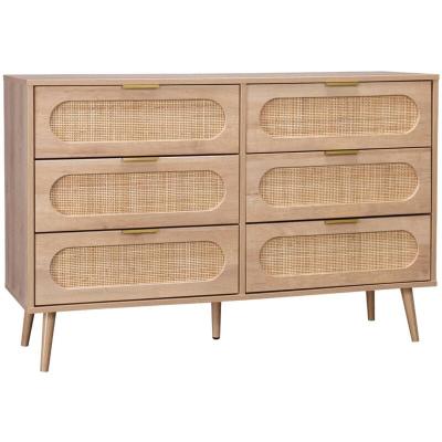 Commode. Eva. 6 tiroirs. D&eacute;cor bois. Cannage arrondi l 120 x l 39 x h 79cm 