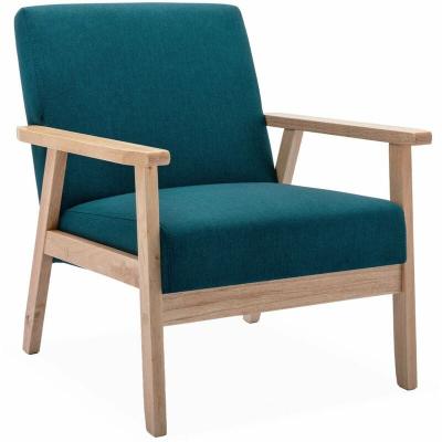 Fauteuil scandinave en bois et tissu bleu p&eacute;trole. Isak. L 64 x p 69.5 x h 73cm