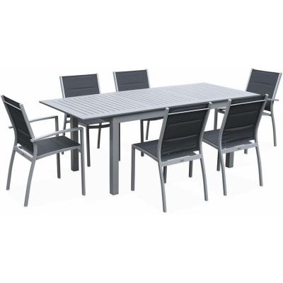 Salon de jardin gris en aluminium table extensible et 6 chaises