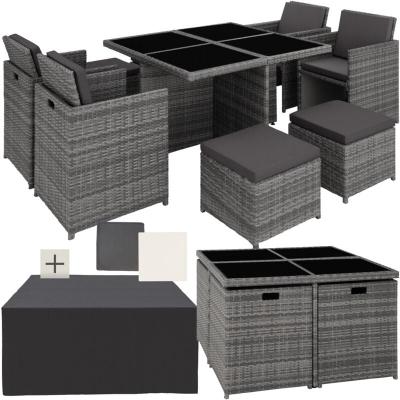 Salon de jardin MANHATTAN 8 places avec 2 sets de housses + housse de protection, variante 2 - gris