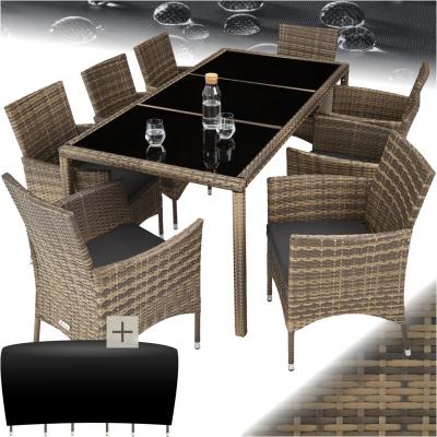 Salon de jardin 8 places avec housse de protection - marron naturel/gris fonc&eacute;