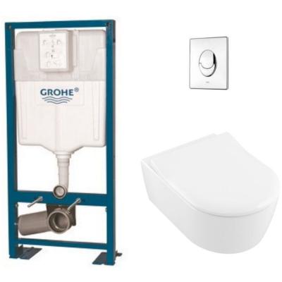 Pack WC suspendu sans bride Avento + abattant + plaque chrom&eacute;e + b&acirc;ti Grohe