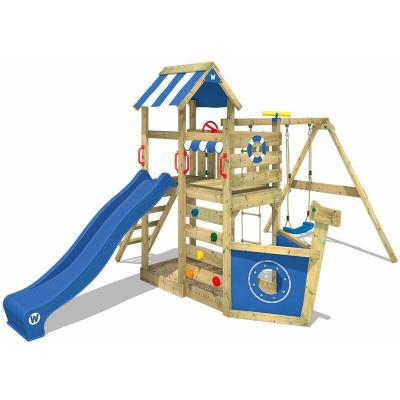 Aire de jeux en bois WICKEY SeaFlyer avec balan&ccedil;oire, toboggan et bac &agrave; sable - Bleu