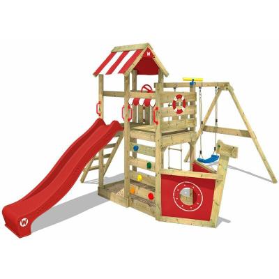 Aire de jeux en bois WICKEY SeaFlyer avec balan&ccedil;oire, toboggan et bac &agrave; sable - Rouge