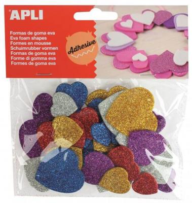 Formes adh&eacute;sives Coeurs paillet&eacute;s en Feuille de mousse - 50 pcs - Apli Kids - couleur variant