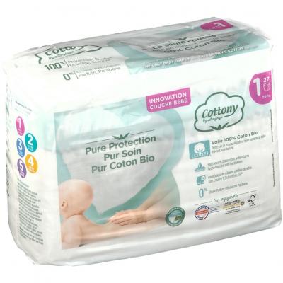 Cottony Couches Hypoallerg&eacute;niques en Coton Bio - Taille 1, 27 unit&eacute;s