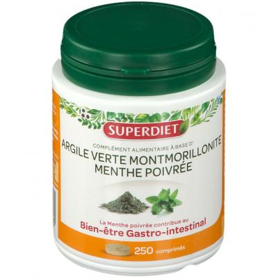 Superdiet Argile Verte Montmorillonite Menthe Poivr&eacute;e 250 comprim&eacute;s