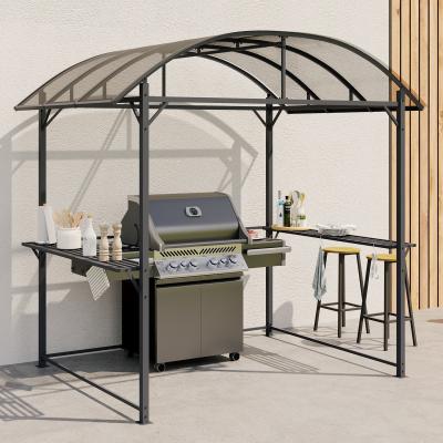 Abri pour barbecue 240 x 150 x 220 cm avec &eacute;tag&egrave;res, en m&eacute;tal gris et toit en polycarbonate
