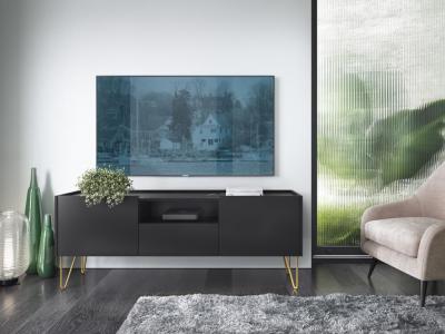 Meuble TV avec 2 portes, 1 tiroir et 1 niche - Noir, effet marbre noir et dor&eacute; - PIOLUN