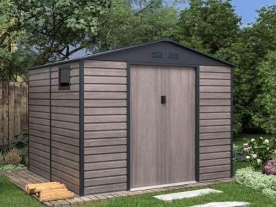 Abri de jardin m&eacute;tal en acier galvanis&eacute; effet bois gris 7,17 m&sup2; - ADELMO
