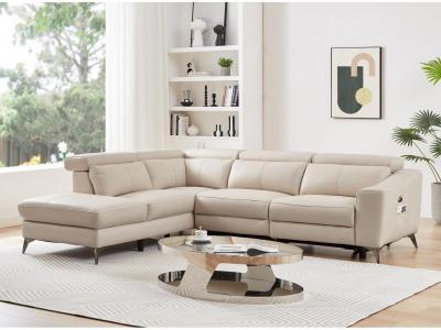 Canap&eacute; d'angle gauche relax &eacute;lectrique en cuir cr&egrave;me FORLO