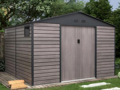 Abri de jardin m&eacute;tal en acier galvanis&eacute; effet bois gris 10,98 m&sup2; - ADELMO