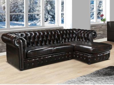 Canap&eacute; d'angle Chesterfield Brenton 100% Cuir de Buffle - Marron Reflets ch&acirc;tains - Angle Droit
