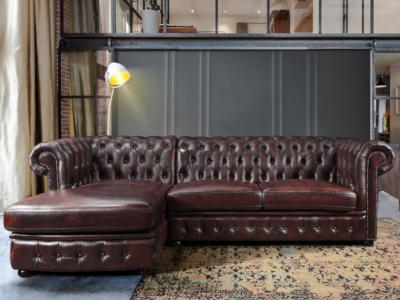 Canap&eacute; d'angle chesterfield BRENTON 100% cuir de buffle - Bordeaux- Angle gauche