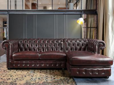 Canap&eacute; d'angle chesterfield BRENTON 100% cuir de buffle - Bordeaux- Angle droit
