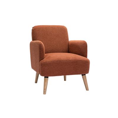 Fauteuil scandinave en tissu effet velours textur&eacute; terre br&ucirc;l&eacute;e et bois clair ISKO