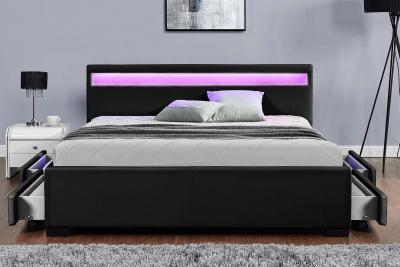 Lit Enfield - Structure de lit en simili Noir avec rangements et LED int&eacute;gr&eacute;es - 140x190 cm