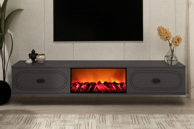 Meuble TV avec chemin&eacute;e LED 150cm gris anthracite et noir FYRA