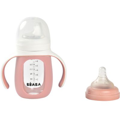 Biberon d'apprentissage 2 en 1 en verre Old pink(210 ml) B&eacute;aba