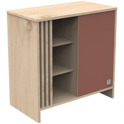 Commode 1 porte color&eacute;e et 3 niches avec claustra en bois d&eacute;cor ch&ecirc;ne Suave - TOKYO
