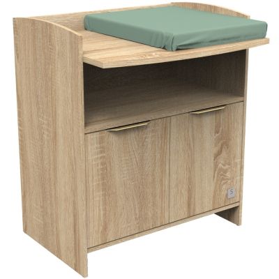 Commode &agrave; langer 2 portes et une niche avec poign&eacute;es dor&eacute;es d&eacute;cor ch&ecirc;ne dor&eacute;