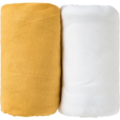 BABYCALIN Lot de 2 draps housse 60x120x15cm Moutarde/blanc