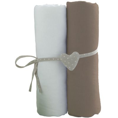 Lot de 2 draps housses b&eacute;b&eacute; en coton blanc et marron 60x120 cm