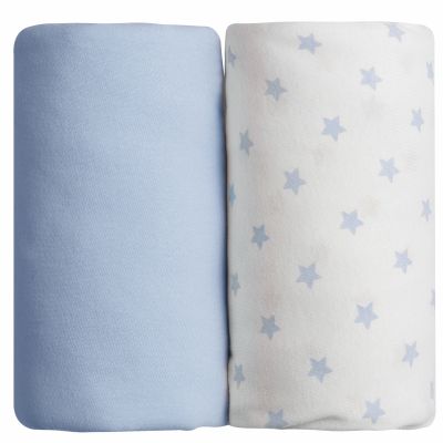 Lot de 2 draps housse en coton 60x120 cm Bleu ciel + Imprim&eacute; &eacute;toiles