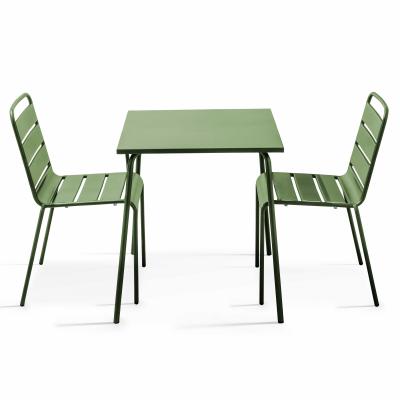 Ensemble table de jardin carr&eacute;e et 2 chaises acier vert cactus Palavas Oviala 