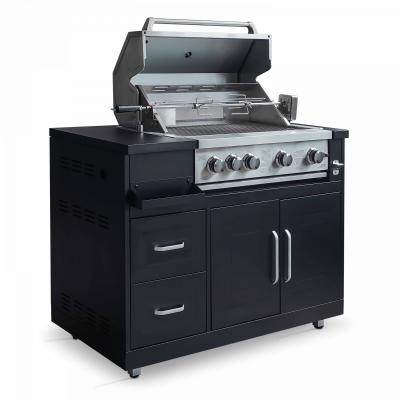 Meuble barbecue gaz 4 br&ucirc;leurs et r&ocirc;tissoire pour cuisine ext&eacute;rieure