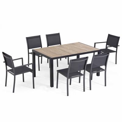 Ensemble table de jardin et 6 chaises en aluminium et c&eacute;ramique bois