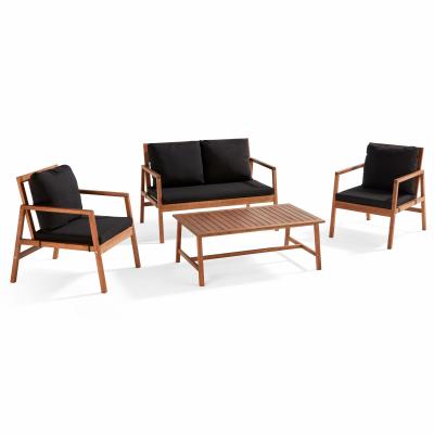 Salon de jardin bois avec 1 canap&eacute;, 2 fauteuils et table basse noir