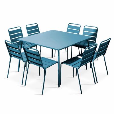 Palavas - ensemble table de jardin et 8 chaises en m&eacute;tal bleu pacific