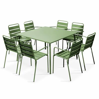 Ensemble table de jardin carr&eacute;e et 8 fauteuils en m&eacute;tal vert cactus
