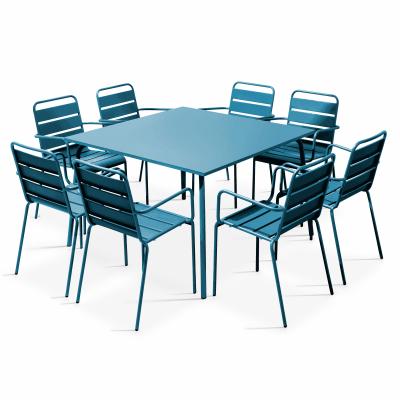 Palavas - table de jardin carr&eacute;e et 8 fauteuils en m&eacute;tal bleu pacific