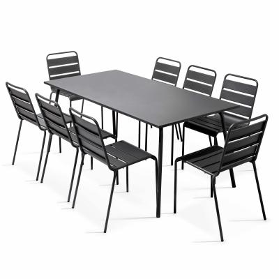 Ensemble table de jardin et 8 chaises en m&eacute;tal gris 180 x 90 x 72 cm