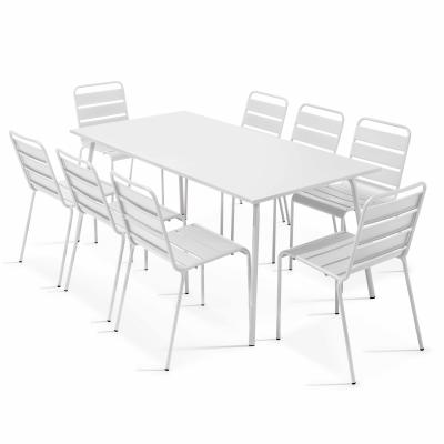 Ensemble table de jardin et 8 chaises en m&eacute;tal blanc 180 x 90 x 72 cm