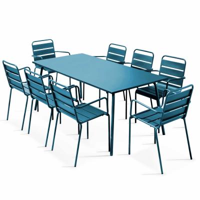 Palavas - Table de jardin et 8 fauteuils en m&eacute;tal bleu pacific - Bleu