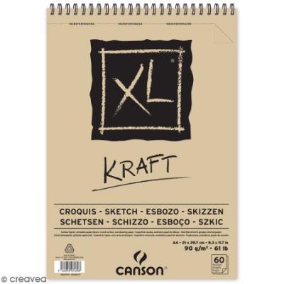 Papier dessin Canson XL Kraft - 90 g - A4 - album spiral&eacute; 60 feuilles