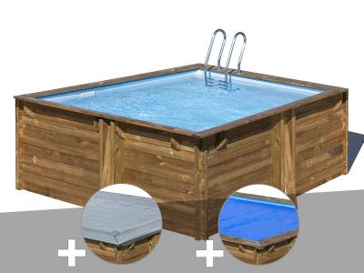 Kit piscine bois Gr&eacute; Carra 3,05 x 3,05 x 1,19 m + B&acirc;che hiver + B&acirc;che &agrave; bulles