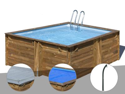 Kit piscine bois Gr&eacute; Carra 3,05 x 3,05 x 1,19 m + B&acirc;che hiver + B&acirc;che &agrave; bulles + Douche
