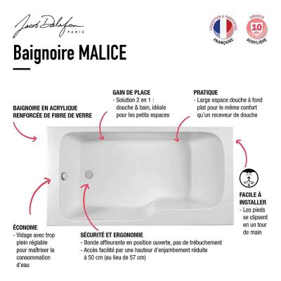 Baignoire bain douche Malice compacte + pare bain + &eacute;tag&egrave;re Blanc brillant, 170 X 90 version droite