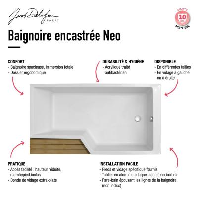 Baignoire bain douche JACOB DELAFON Neo + pare bain + &eacute;tag&egrave;re 160 x 90, v. droite