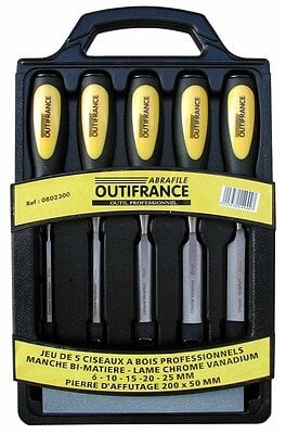 Outifrance &ndash; Malette de 5 ciseaux &agrave; bois manche bi-mati&egrave;re