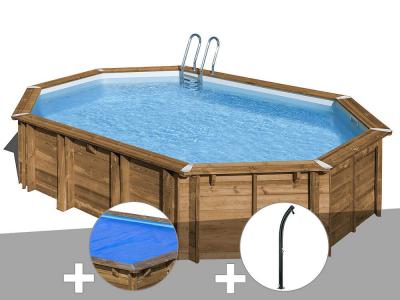 Kit piscine bois Gr&eacute; Avocado 6,56 x 4,56 x 1,27 m + B&acirc;che &agrave; bulles + Douche