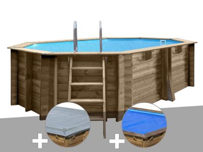 Kit piscine bois Gr&eacute; Grenade 4,36 x 3,36 x 1,17 m + B&acirc;che hiver + B&acirc;che &agrave; bulles